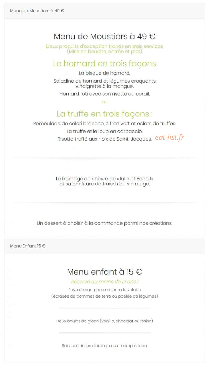 Carte et menu de La Bonne Auberge à Moustiers Sainte Marie — Le menu de moustiers et menu enfant