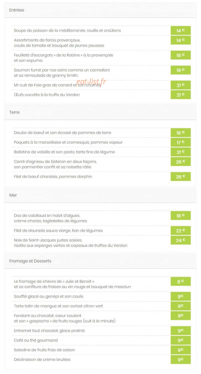 Carte et menu de La Bonne Auberge à Moustiers Sainte Marie — Les plats à la carte