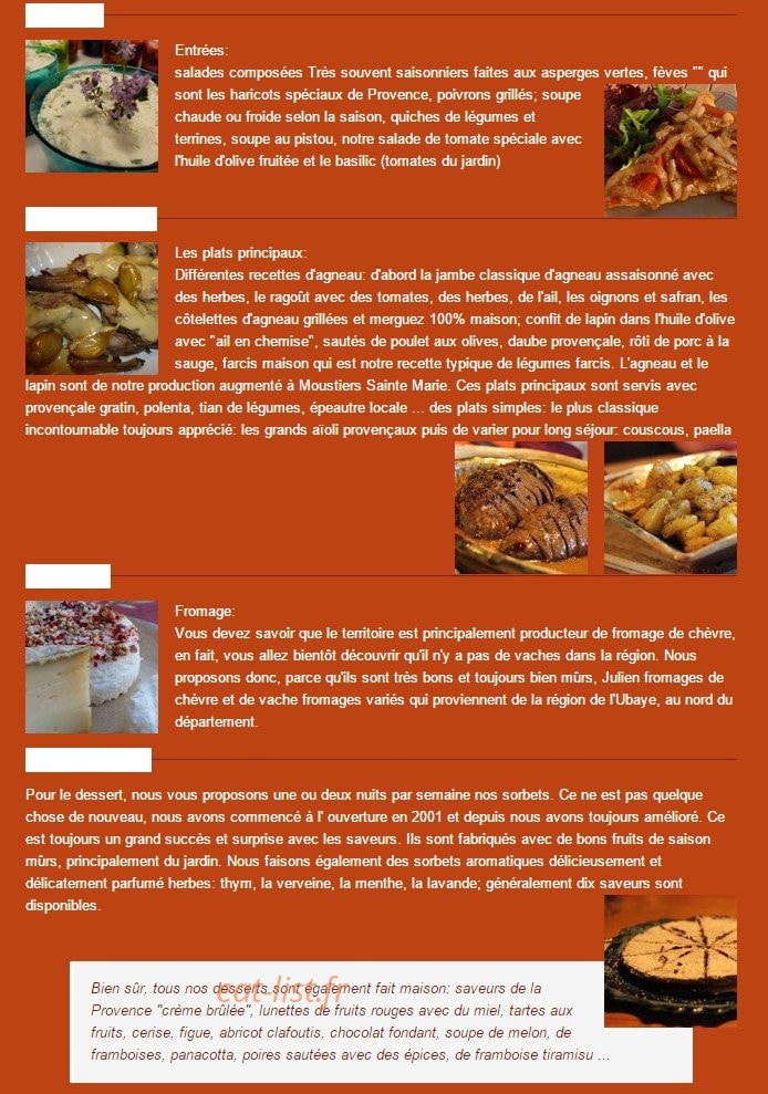 Carte et menu de La Ferme du Petit Ségriès à Moustiers Sainte Marie — Les entrées, plats...