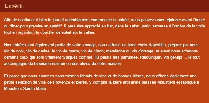 Carte et menu de La Ferme du Petit Ségriès à Moustiers Sainte Marie — Les apéritifs