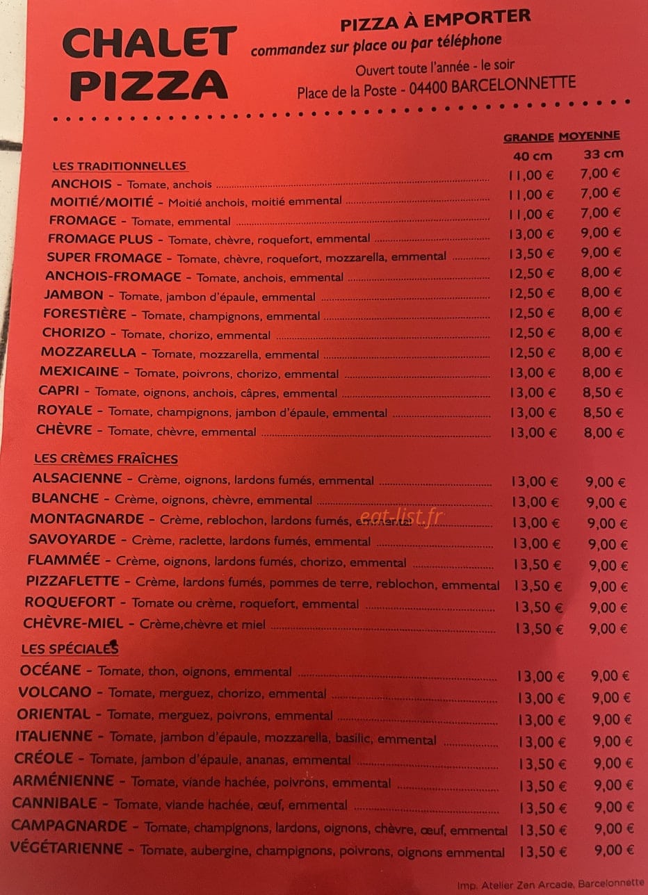 Chalet pizza — carte page 1