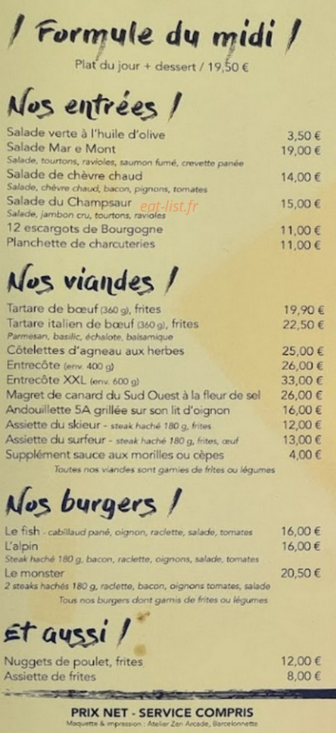 Carte et menu de Creperie La Patinoire à Uvernet Fours — Les entrées, viandes et burgers,...