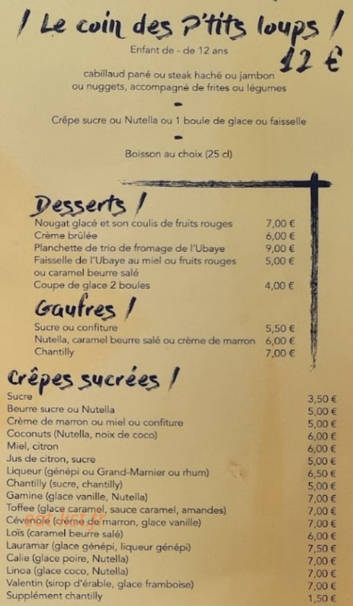 Carte et menu de Creperie La Patinoire à Uvernet Fours — Les desserts, gaufres et crepes sucrées