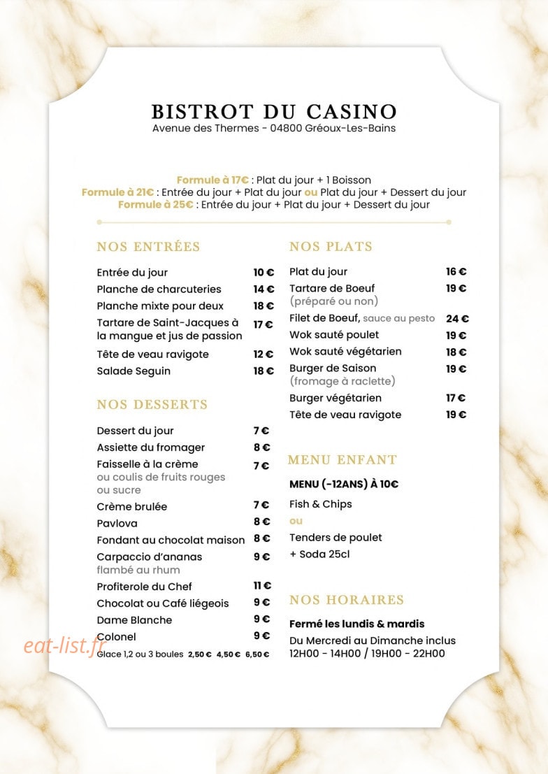 Bistrot du Casino — carte page 1