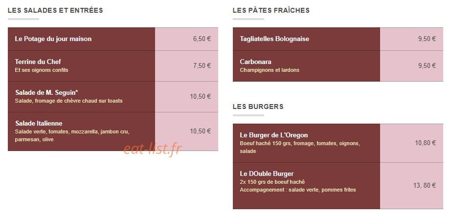 Café Restaurant L'Oregon — carte page 1