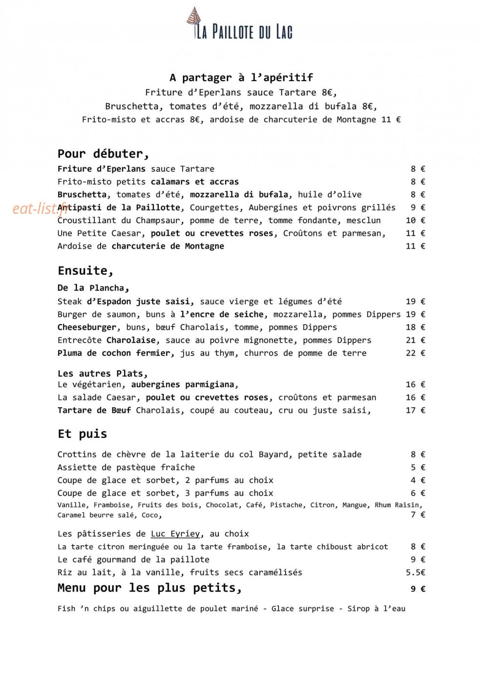 Carte et menu de La Paillote du Lac à Le Sauze du Lac — Les plats à la carte