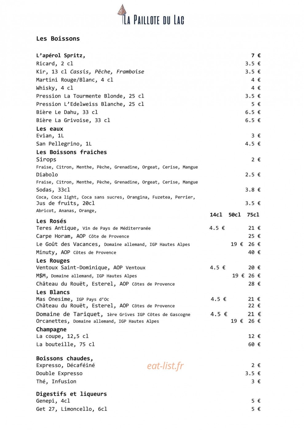 Carte et menu de La Paillote du Lac à Le Sauze du Lac — Les boissons