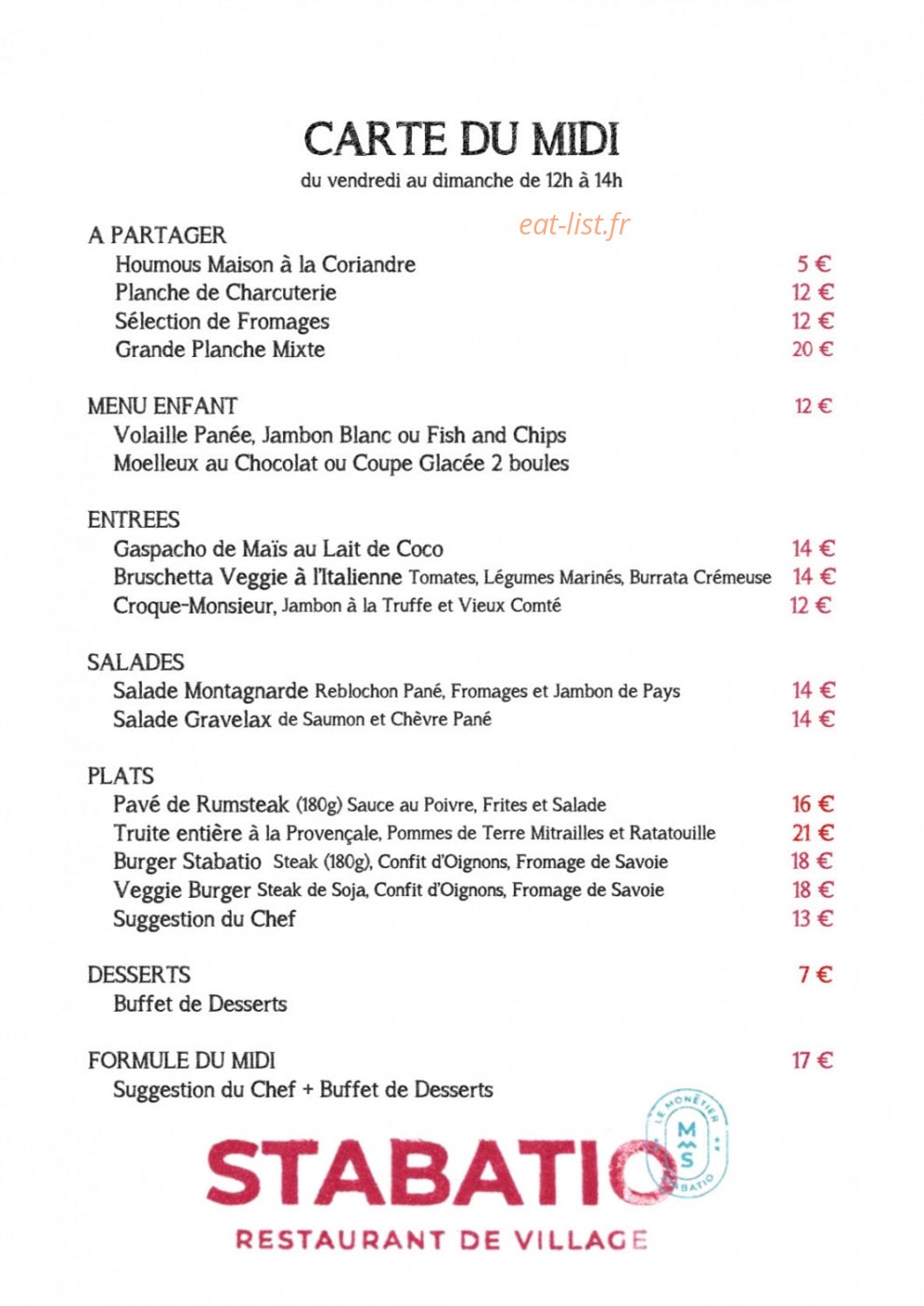 Restaurant Stabatio — carte page 1