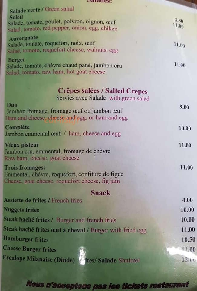 Carte et menu de Le vieux pisteur à Agnieres en Devoluy — Salades, crêpes salées et snacks