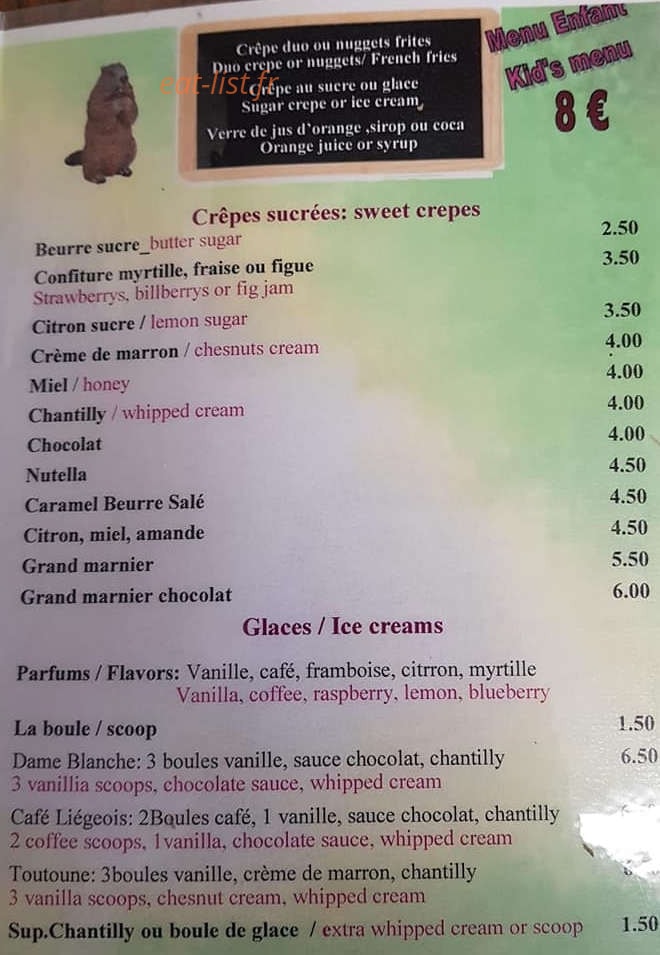 Carte et menu de Le vieux pisteur à Agnieres en Devoluy — Crêpes sucrées et glaces