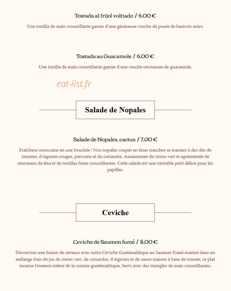 Carte et menu de El Quetzal à Laragne Monteglin — Les entrées suite