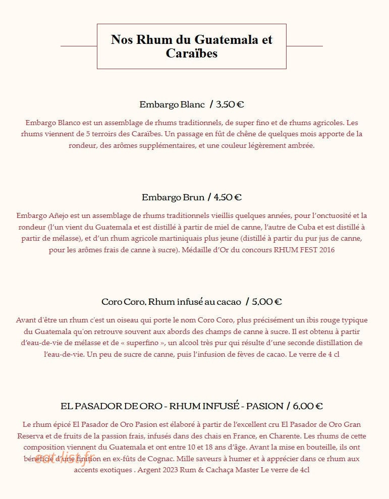 Carte et menu de El Quetzal à Laragne Monteglin — Les rhums