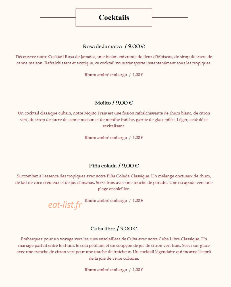 Carte et menu de El Quetzal à Laragne Monteglin — Les cocktails