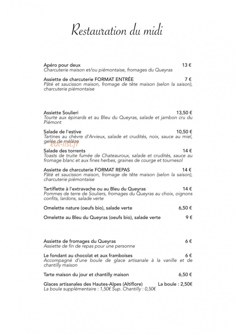 Carte et menu de Le Grand Rochebrune à Chateau Ville Vieille — Menu du midi