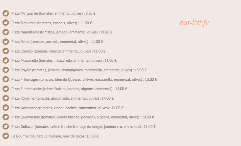 Carte et menu de Le Guilazur à Chateau Ville Vieille — Les pizzas