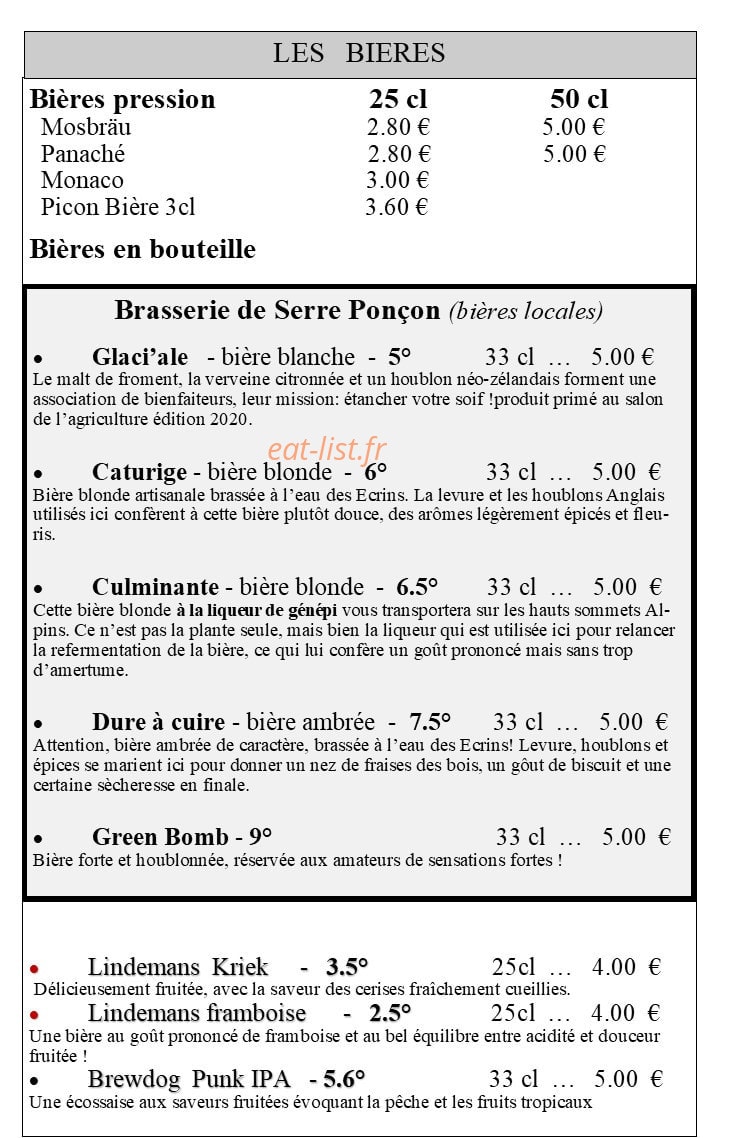 Carte et menu de Le Temps de Vivre à Chateau Ville Vieille — Les bières