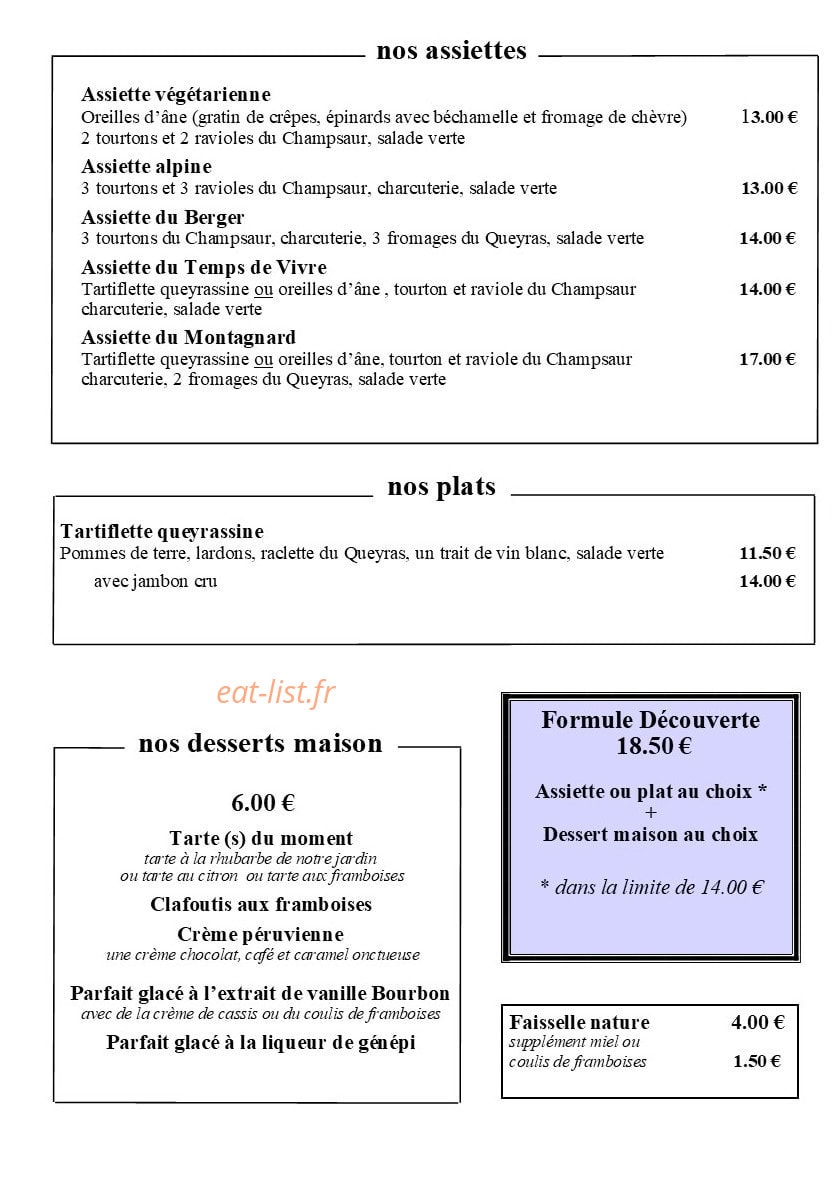 Carte et menu de Le Temps de Vivre à Chateau Ville Vieille — Les assiettes, plats et desserts