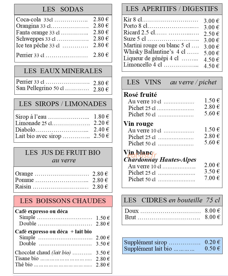 Carte et menu de Le Temps de Vivre à Chateau Ville Vieille — Les sodas, eaux et vins,..