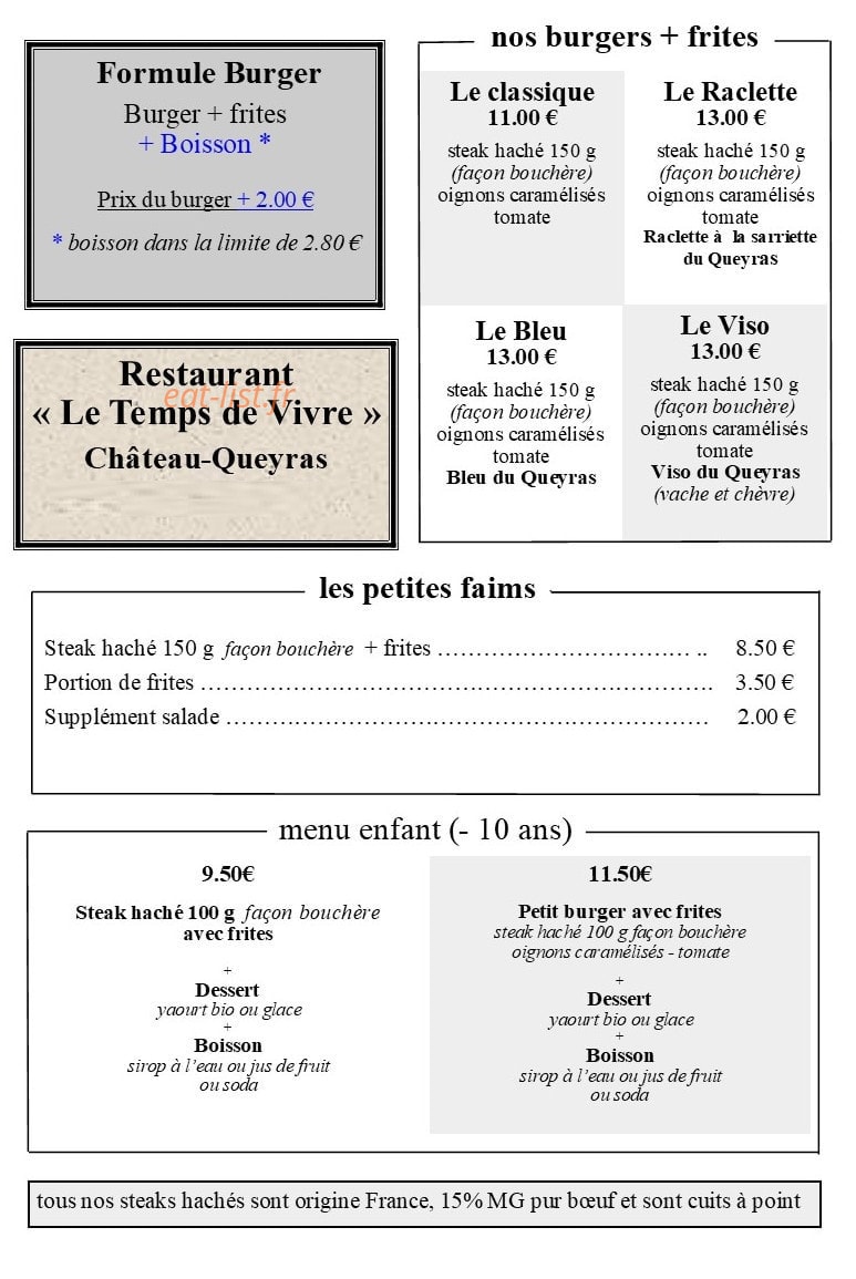 Carte et menu de Le Temps de Vivre à Chateau Ville Vieille — Les menus et burgers,..