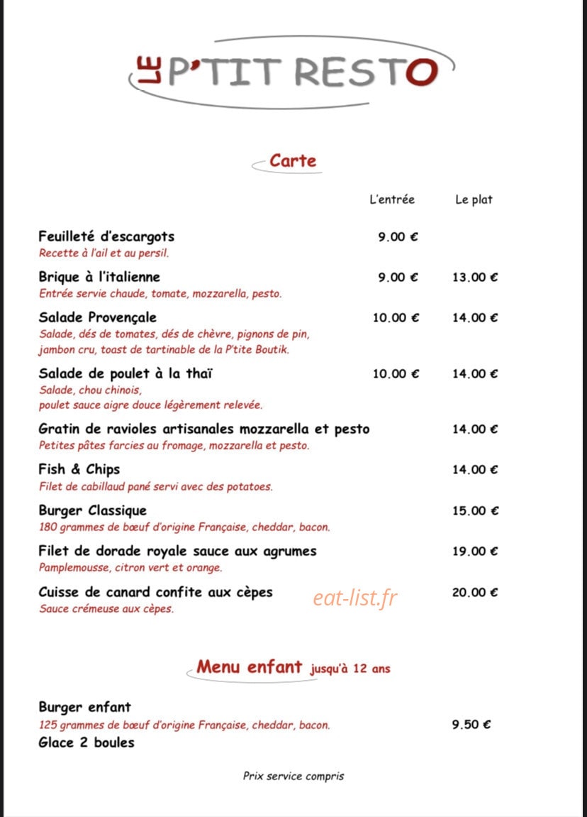 Le P’tit Resto — carte page 1