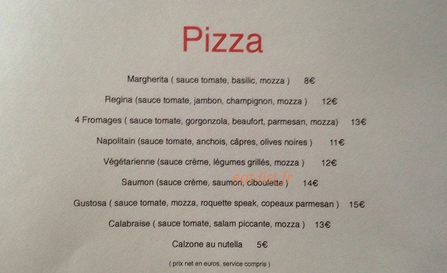 Carte et menu de Auberge de Villar d'arène à Villar d'Arene — Pizzas