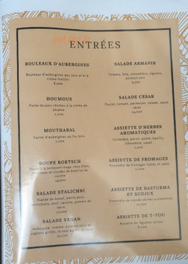Armavir Restaurant — carte page 1