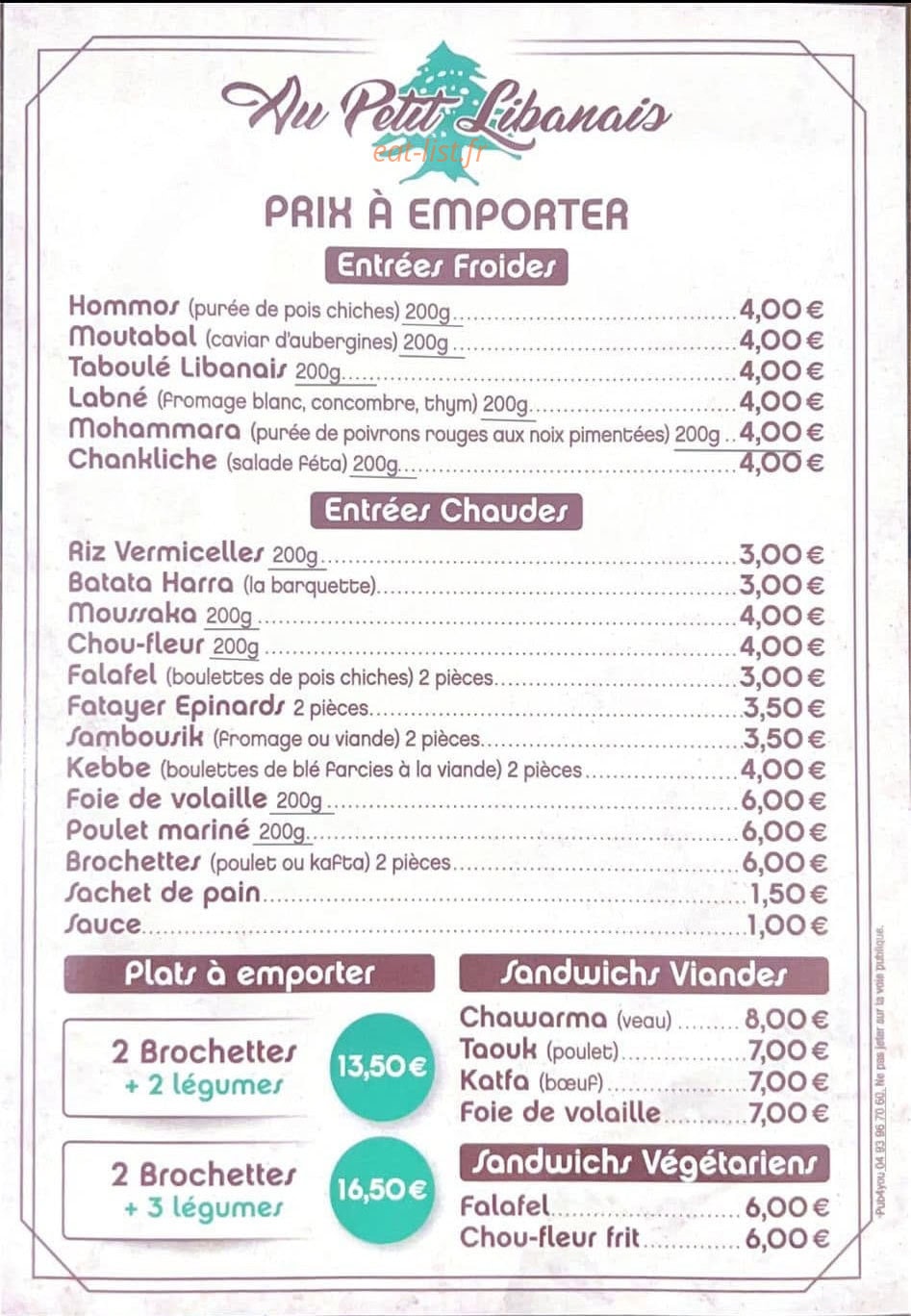 Au Petit Libanais — carte page 1