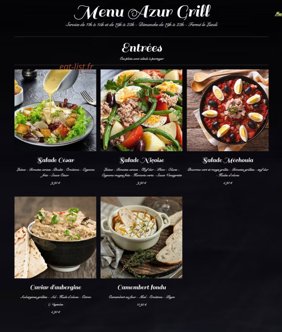 Azur Grill — carte page 1
