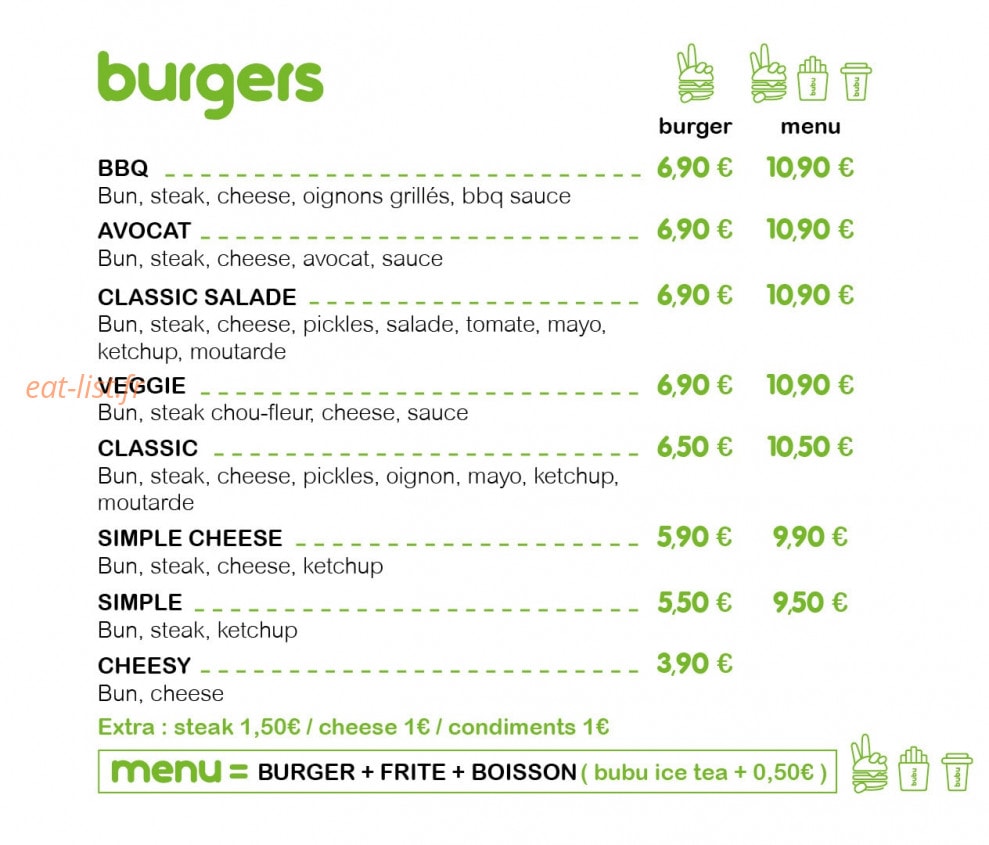 Bubu Burger — carte page 1