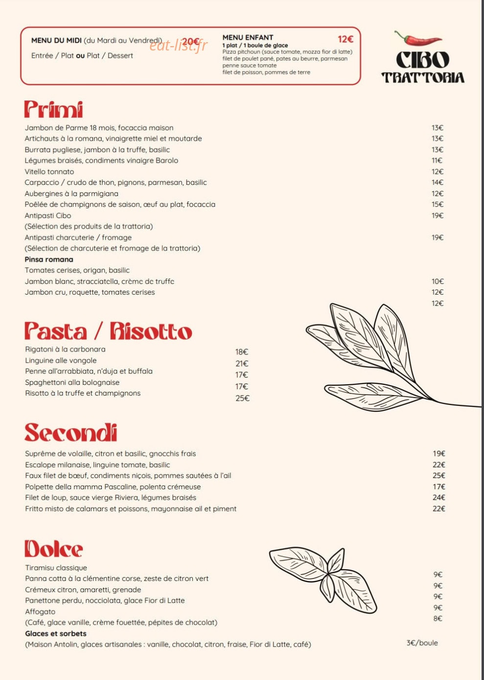 Cibo Trattoria — carte page 1