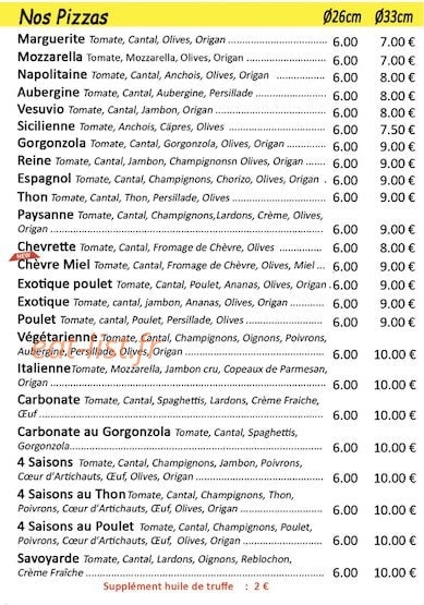 Corniche Pizza — carte page 1