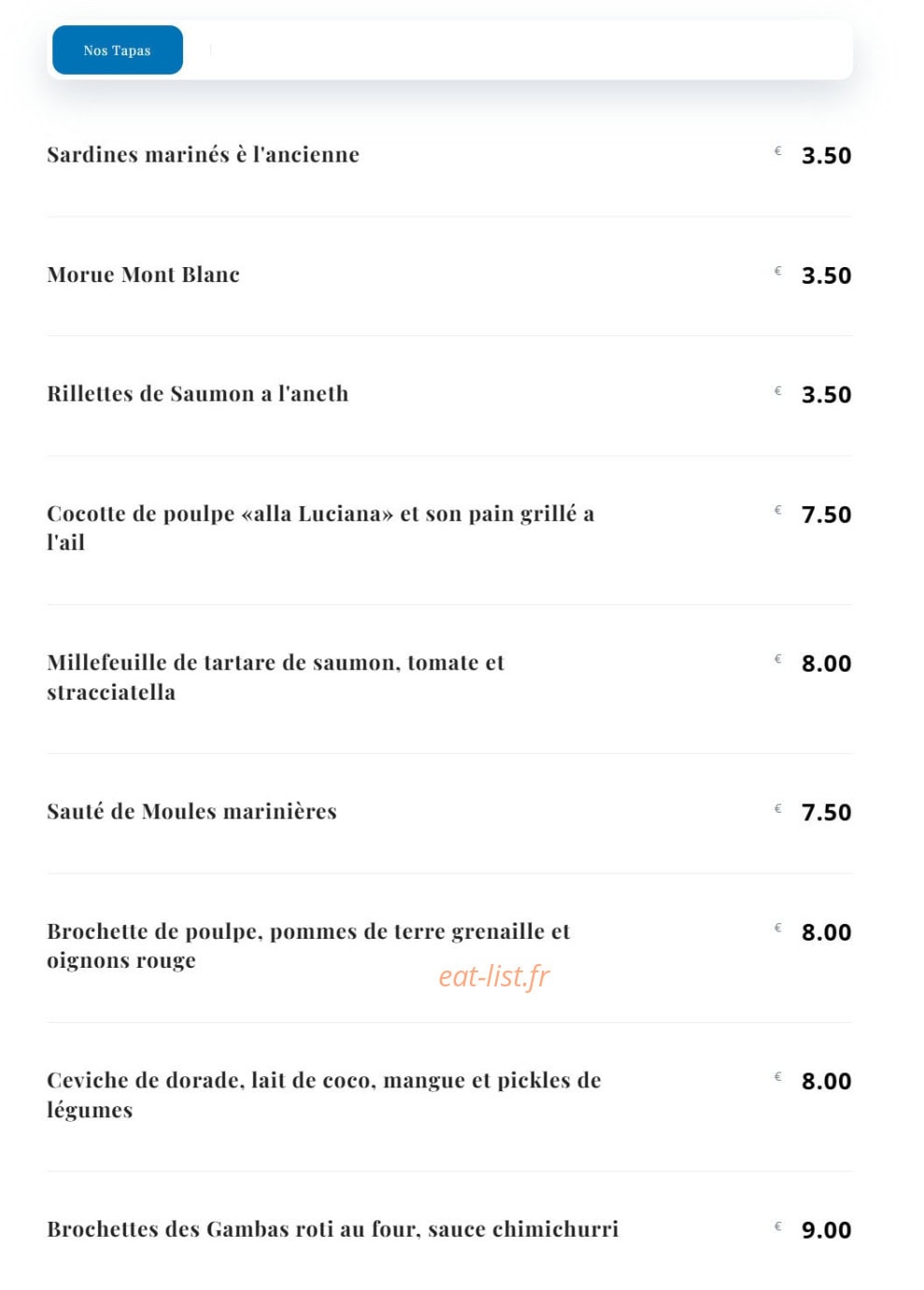 Fish Bar 2.0 — carte page 1