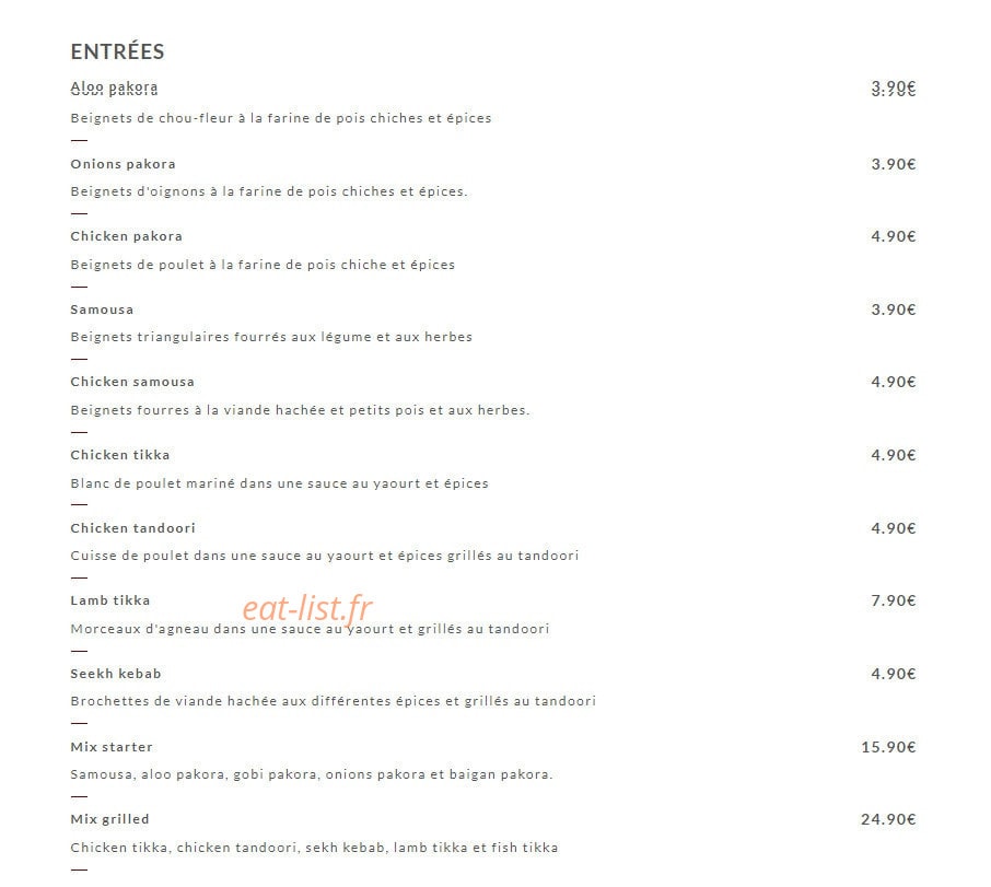 Indian Food Corner — carte page 1
