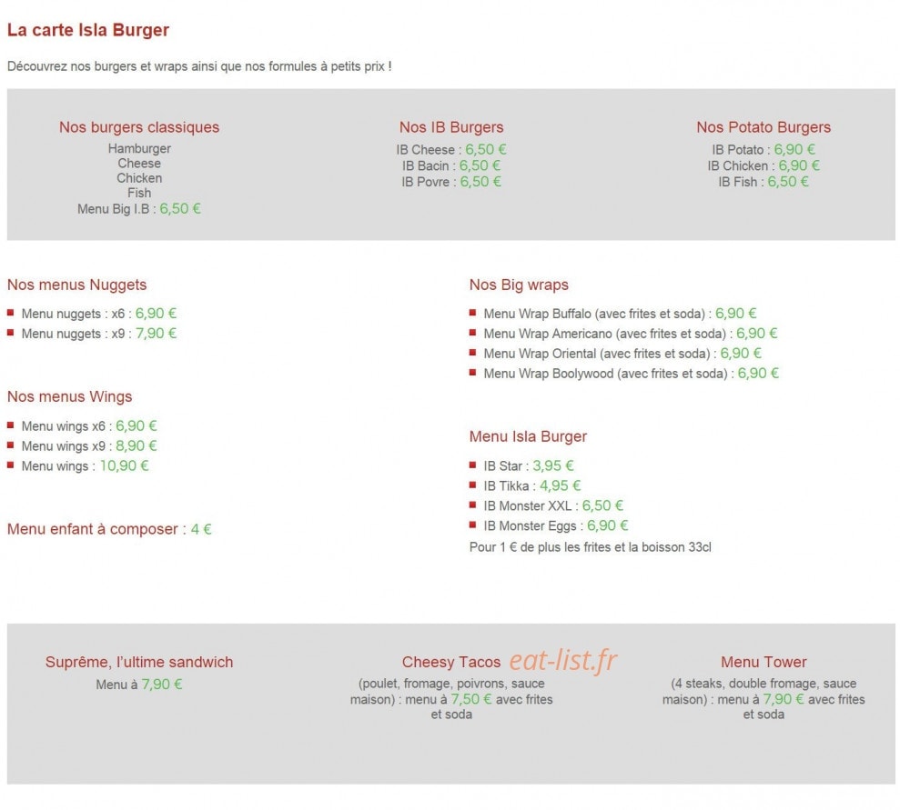 Isla Burger — carte page 1