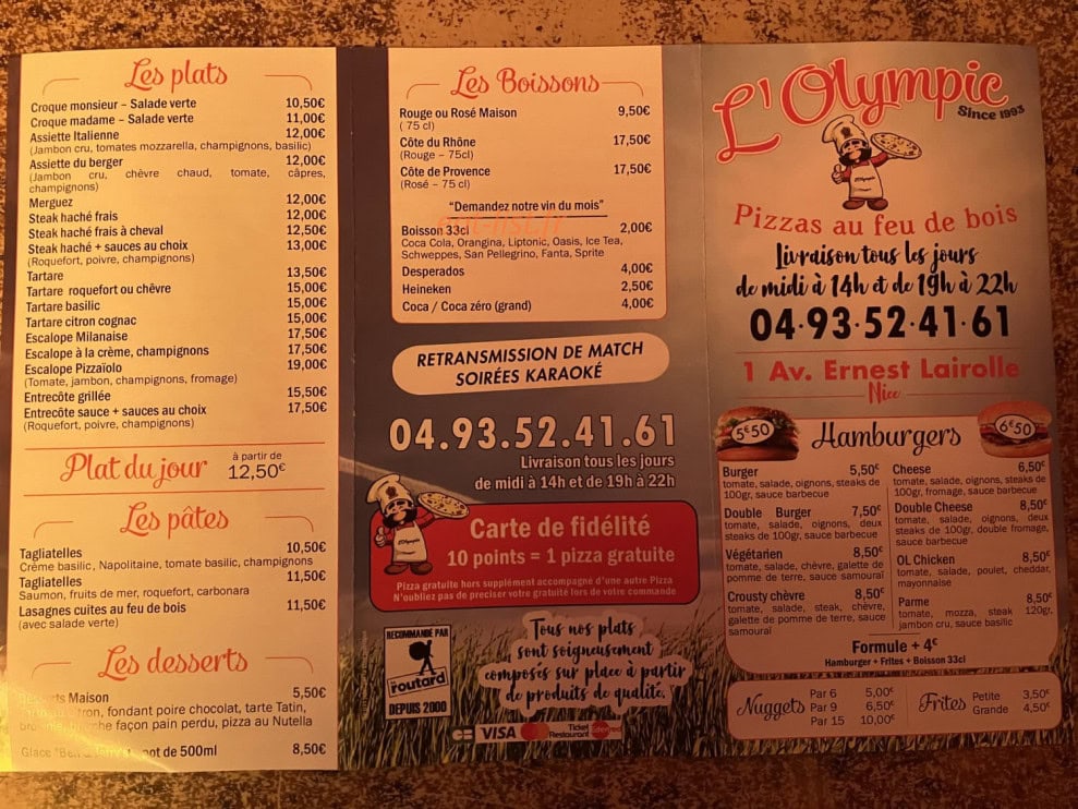 Carte et menu de L'Olympic à Nice — Les entrees, salades et omelettes