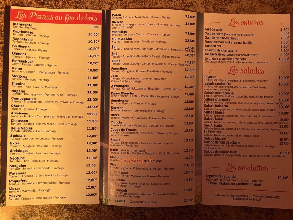 Carte et menu de L'Olympic à Nice — Les pizzas