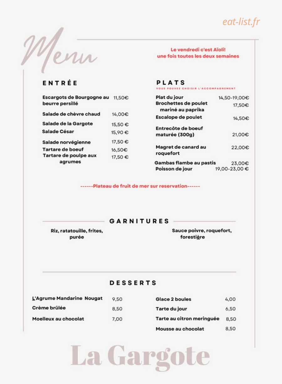 La Gargote — carte page 1