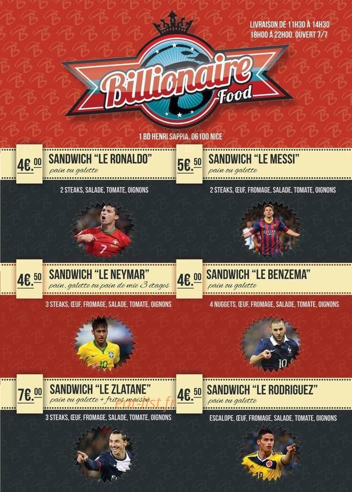 Le Billionaire Food — carte page 1