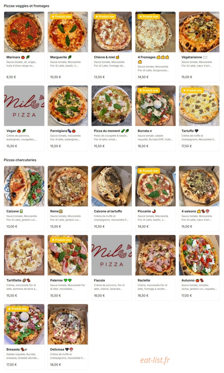Milo’s pizza — carte page 2