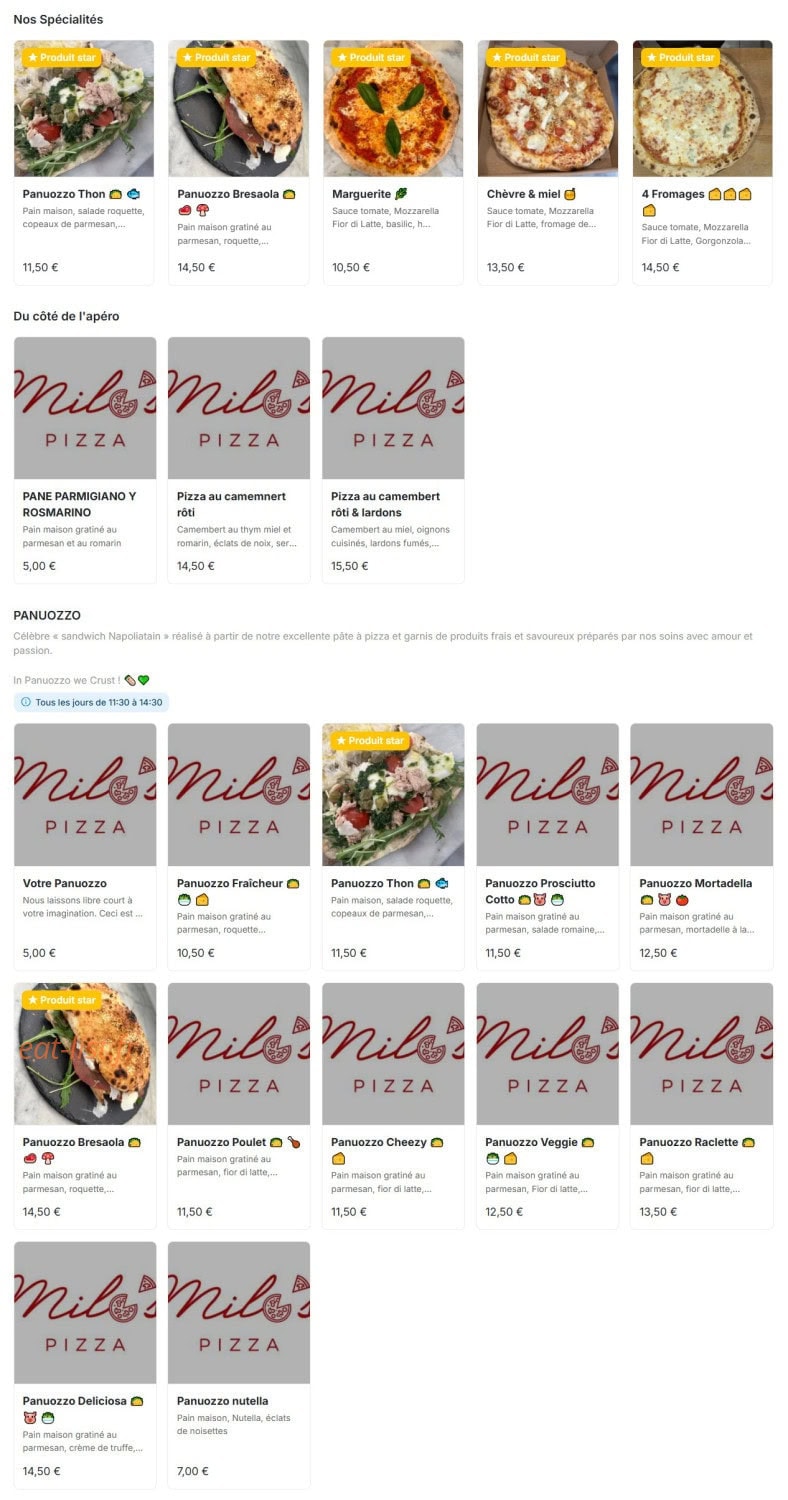 Milo’s pizza — carte page 1