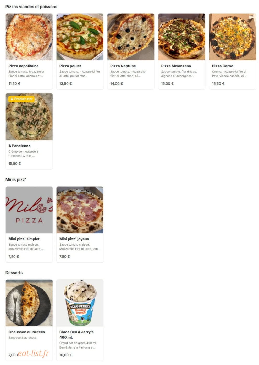 Milo’s pizza — carte page 3