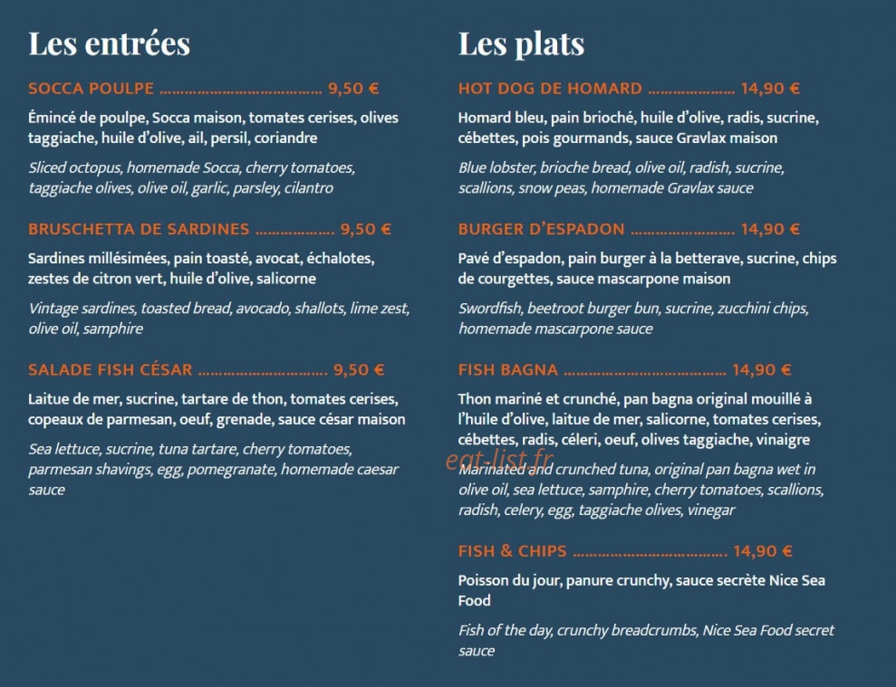 Nice Sea Food — carte page 1