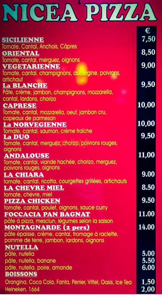 Nicéa Pizza — carte page 1