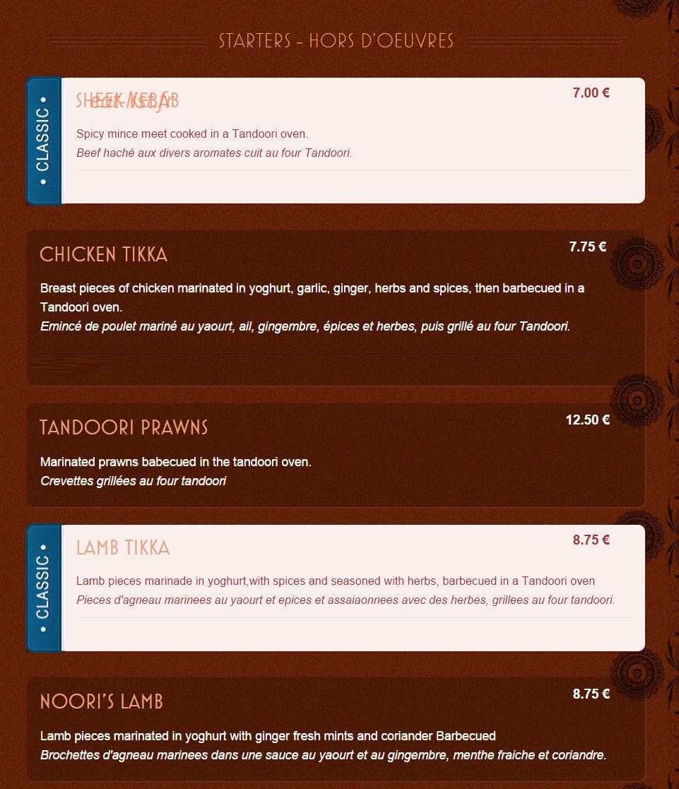 Noori's — carte page 1