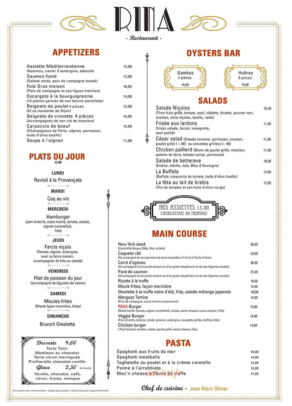 Restaurant Rina — carte page 1