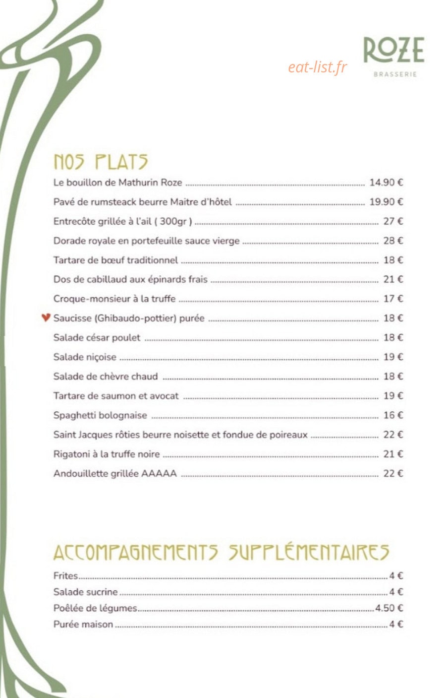 Roze Brasserie — carte page 2