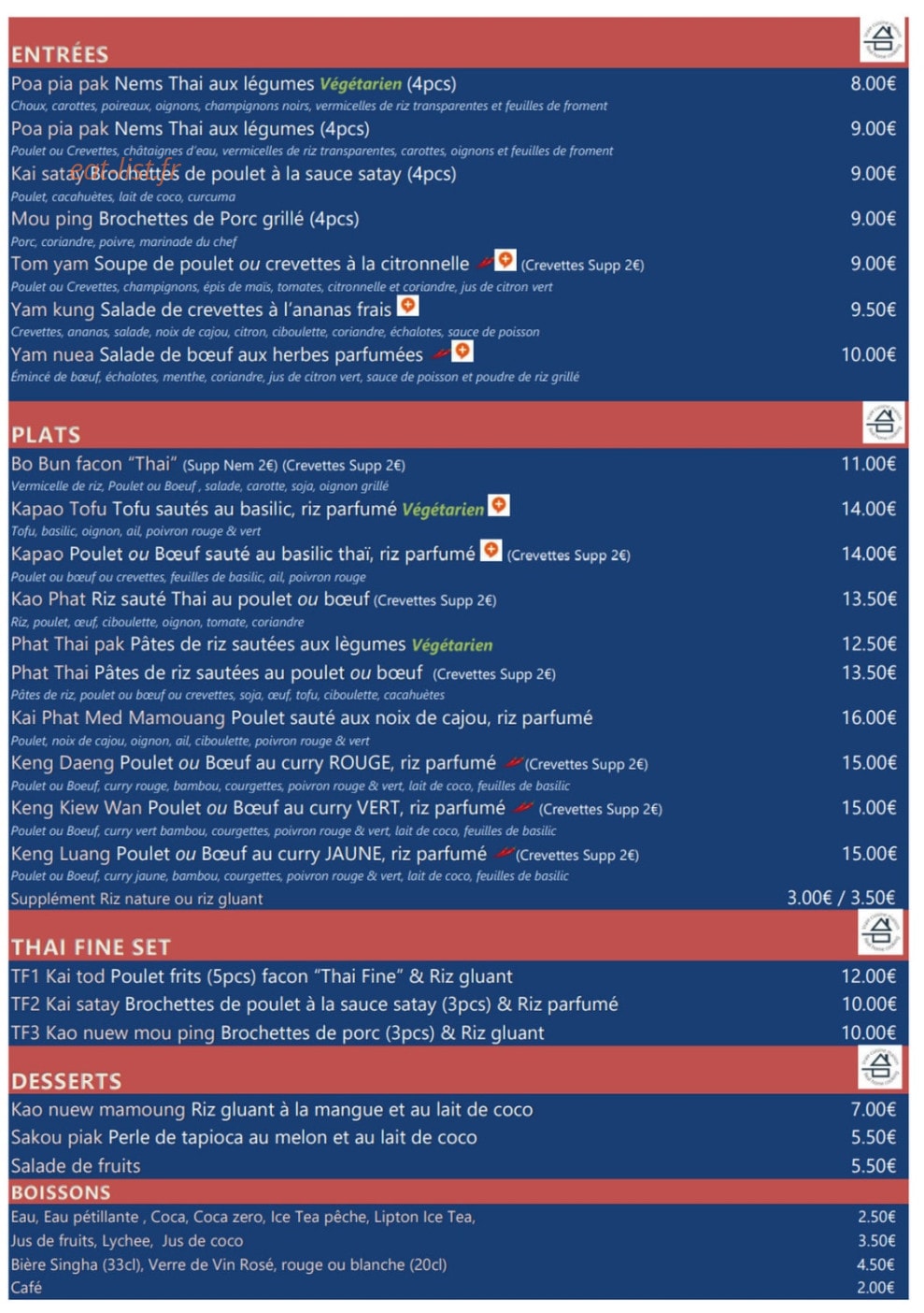 Thai Fine Street Food — carte page 1