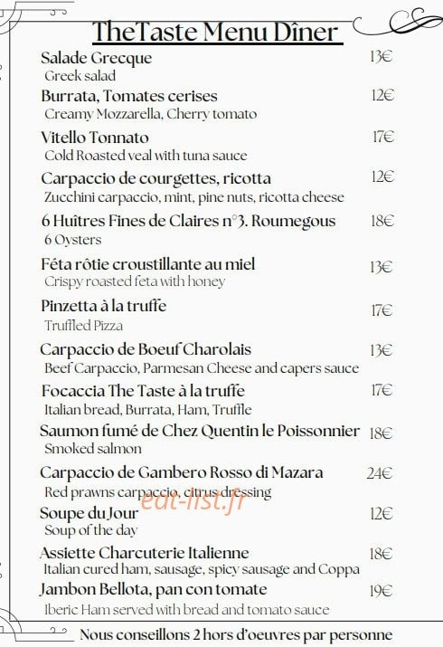 The taste — carte page 1
