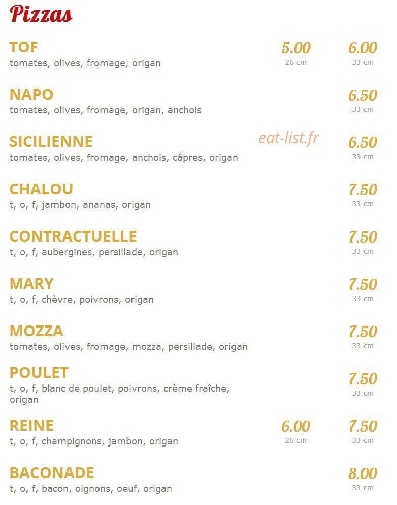 Tof Pizza — carte page 1
