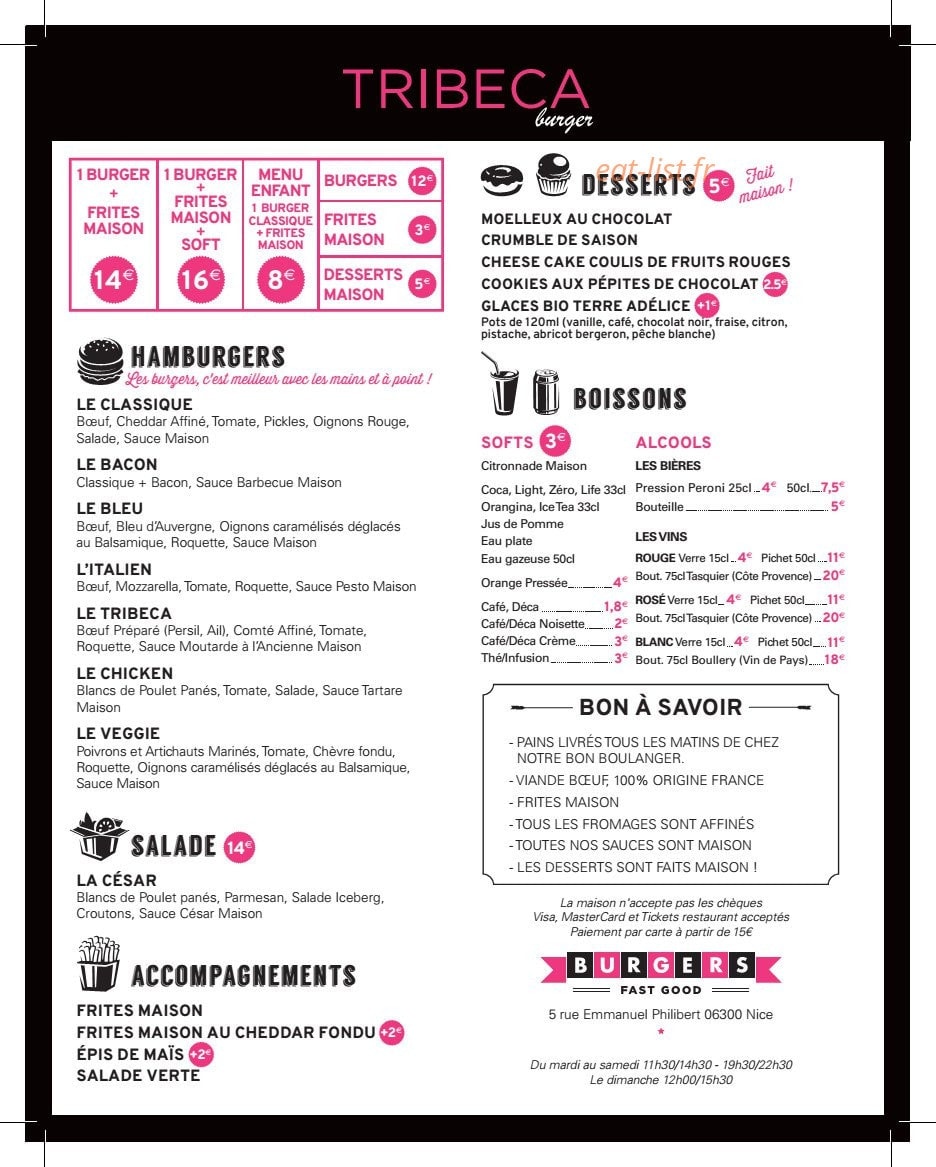 Tribeca Burger — carte page 1